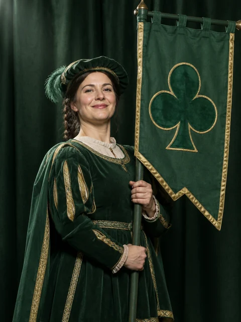 A standard-bearer in green holding a banner with one large club.
