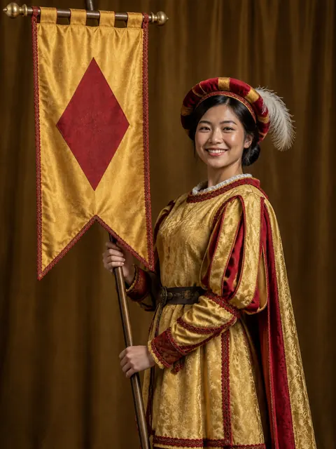 A standard-bearer in gold and red holding a banner with one large red diamond.