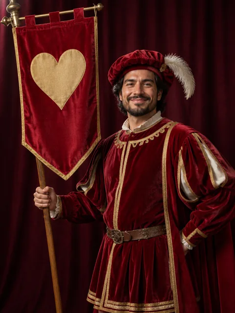 A standard-bearer in crimson velvet holding a tall banner with one large heart.