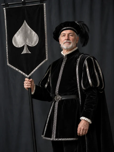 A standard-bearer in black velvet holding a banner with one large silver spade.