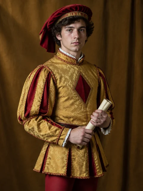 A merchant's page in gold and red holding a rolled scroll.