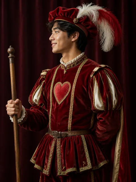 A young squire in crimson velvet and a feathered cap, seen in profile, holding a staff.