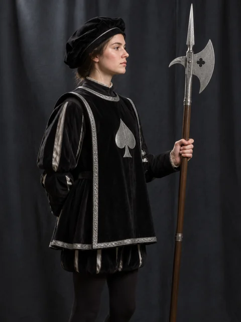 A guard in black velvet, seen in profile, holding a halberd.