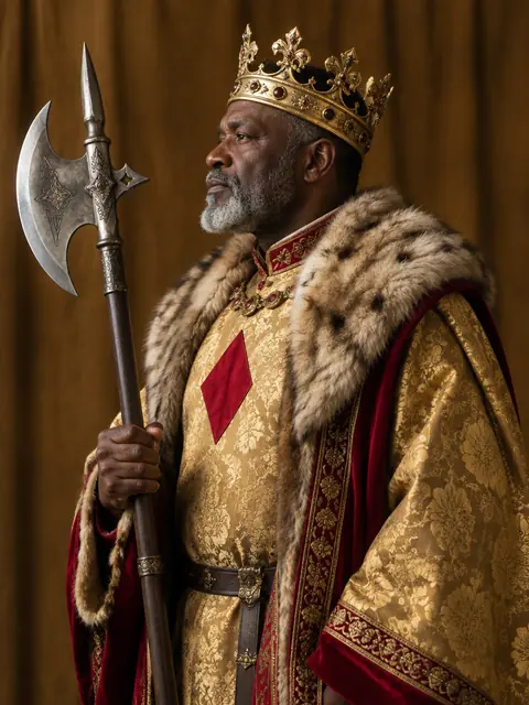 A king in gold brocade and a fur collar, seen in profile, holding a battle-ax upright.