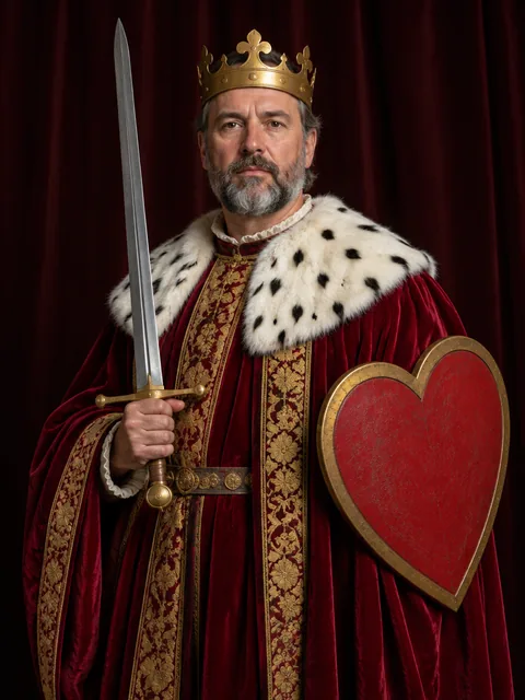 A bearded king in crimson velvet and an ermine collar, with a sword and a heart-shaped shield.