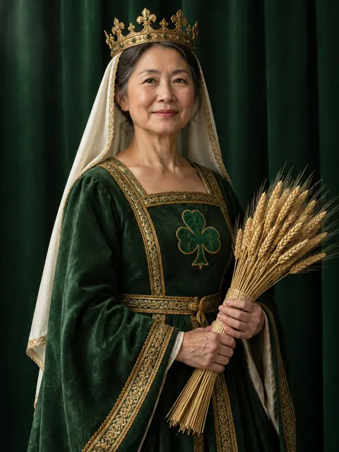 A queen in a forest-green gown and veil, holding a sheaf of wheat.