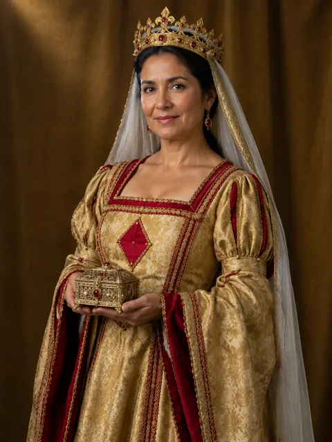 A queen in a gold gown and veil, holding a small jewel casket.