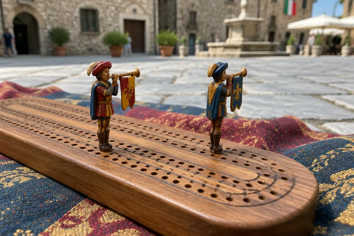 A wooden cribbage board on a cloth with two small carved herald figures standing in it as pegs.