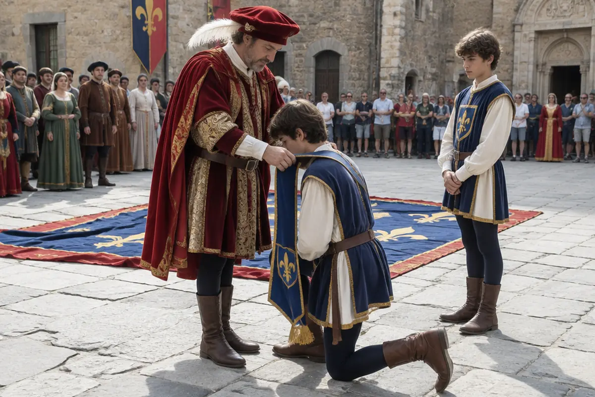 A herald placing a sash over the shoulder of a kneeling young squire while a second squire waits.