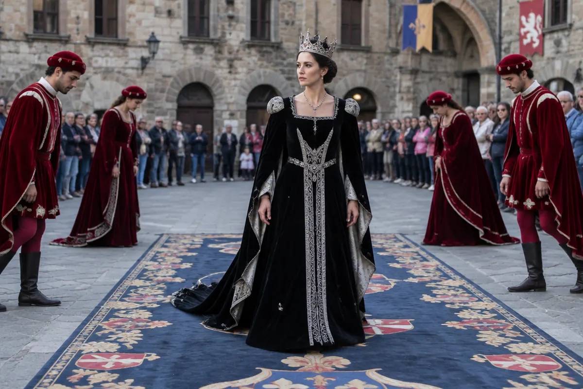A queen in black velvet walking alone across a cloth on the paving while performers in crimson step back.
