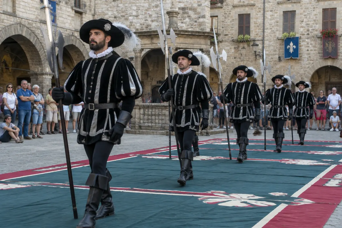 Performers in black and silver advancing in a line with halberds across a cloth in the square.